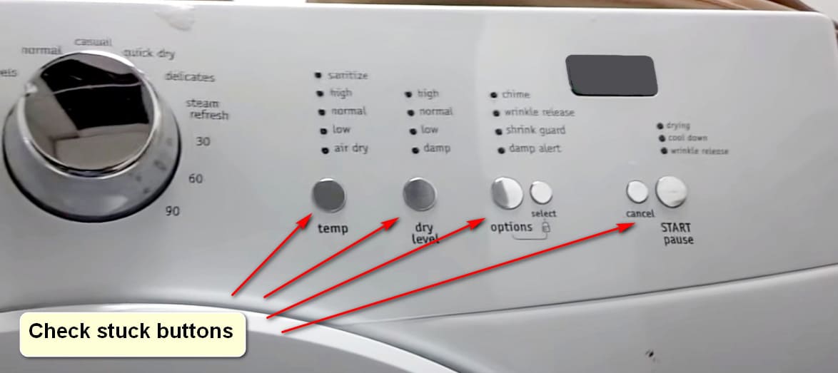 Error code E68 on Frigidaire dryers Check stuck buttons